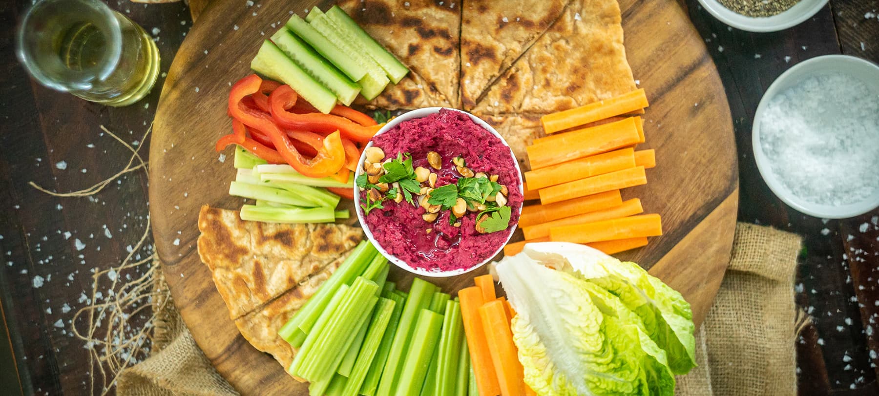 Recipe: Beetroot hummus with flatbread and vegetable crudité challenge banner